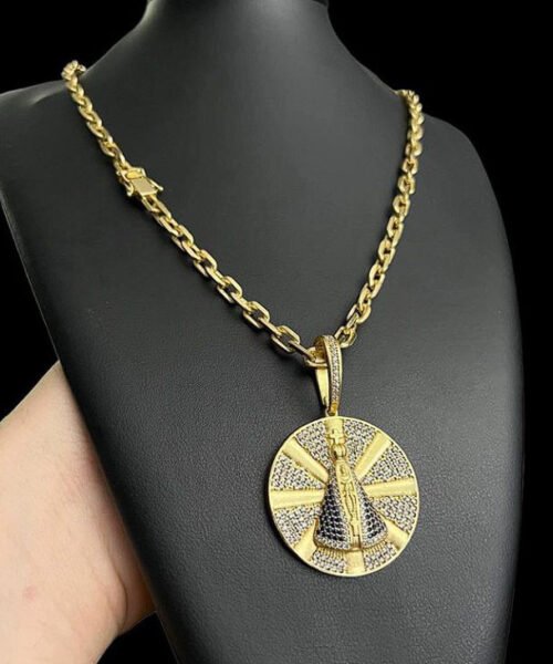 Cordão Cadeado 6mm + Pingente Nossa Senhora - Banhado a ouro 18k