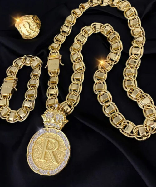 Kit Dubai 15mm + Anel e Pingente Letra - Banhado a Ouro 18k