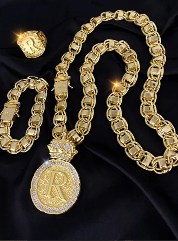 Kit Dubai 15Mm Anel E Pingente Letra Banhado A Ouro 18K Preto