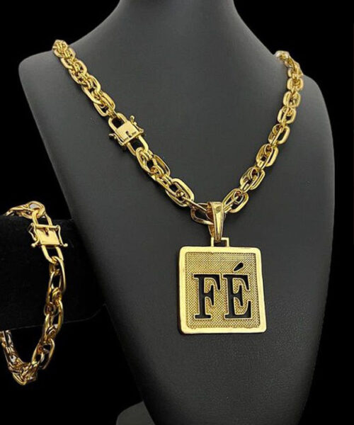 Cordão e Pulseira Imperador 10mm + Pingente Fé - Banhado a ouro 18k