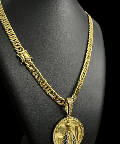 Cordão Grumet 10mm (fecho Especial) + Pingente Nossa Senhora - Banhado a Ouro 18k