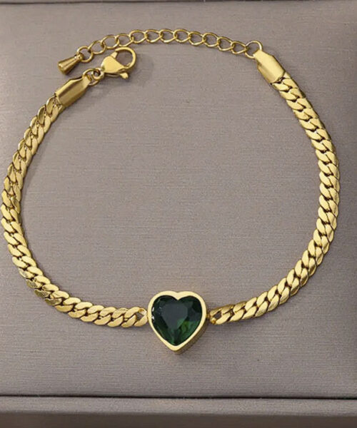 Pulseira Coração Pedra Verde Feminina - Banhada  a Ouro 18k