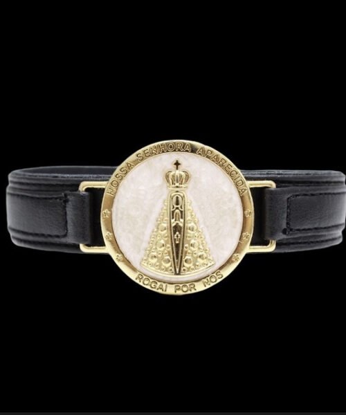 Pulseira de Couro (13mm) Nossa Senhora - Banhado a Ouro 18k