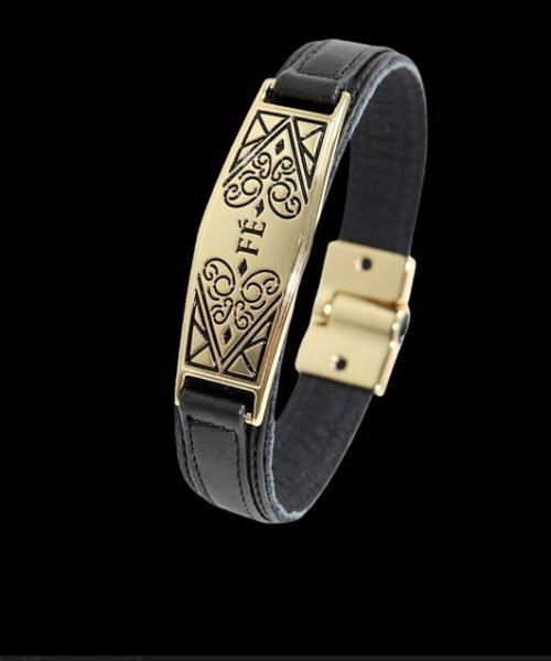 Pulseira de Couro (13mm) Fé - Banhado a Ouro 18k
