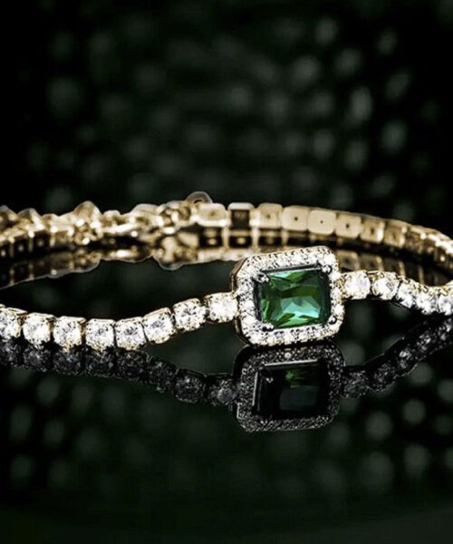 Pulseira Feminina Cravejada Em Pedras Verde - Banhada a Ouro 18k