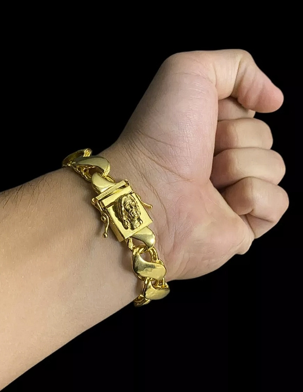 Pulseira Friso S 13Mm Com Fecho Jesus Cristo Banhado A Ouro 18K 2