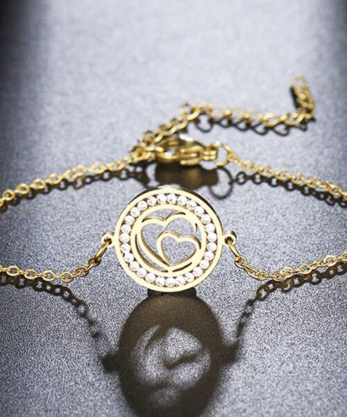 Pulseira Dois Corações Cravejada Feminina - Banhada a Ouro