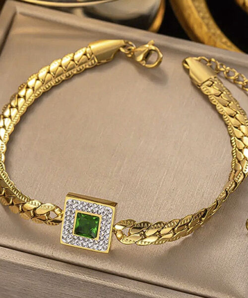 Pulseira Luxo Pedra Verde Feminina - Banhada a Ouro 18k