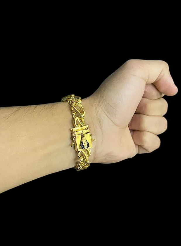 Pulseira Friso S Vazado 12Mm Fecho Nossa Senhora Banhado A Ouro 18K 2