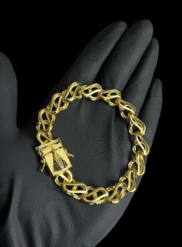 Pulseira Friso S Vazado 12Mm Fecho Nossa Senhora Banhado A Ouro 18K Preto