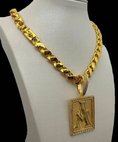 Cordão 10mm Friso S Feminino + Pingente Letra - Banhado Ouro 18k