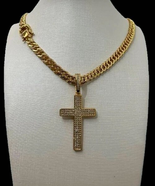 Cordão 7mm Grumet Feminino + Pingente Cruz Banhado A Ouro18k