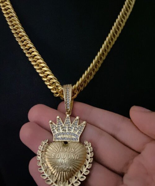 Corrente Grumet Oca 750 (10mm) + Pingente Jesus Dono - Banhado a Ouro 18k