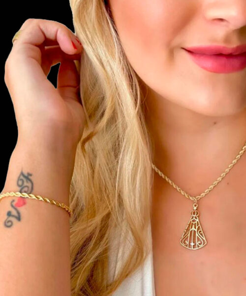 Cordão 5mm Baiano Feminino + Pingente + Pulseira - Banhado a Ouro 18k