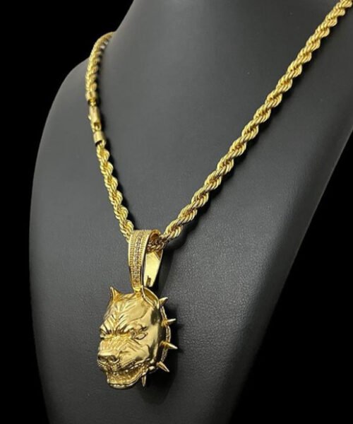 Corrente Baiano (8mm) + Pingente Pitbull - Banhado a Ouro 18k