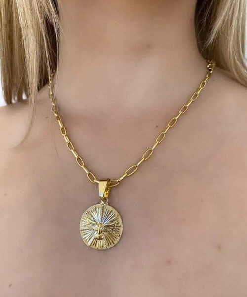Cordão Feminino 6mm Meia-Cana + Pingente Espírito Santo - Banhado Ouro 18k