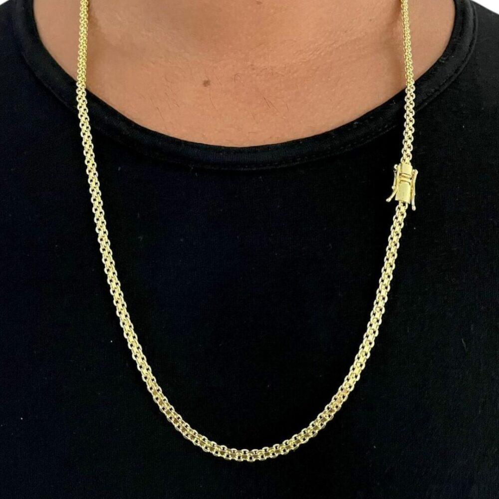 Corrente 5Mm Cadeado Duplo Fecho Marcação 750 Banhado A Ouro - Imagem 2