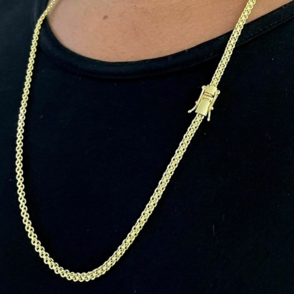 Corrente 5Mm Cadeado Duplo Fecho Marcação 750 Banhado A Ouro - Imagem 4