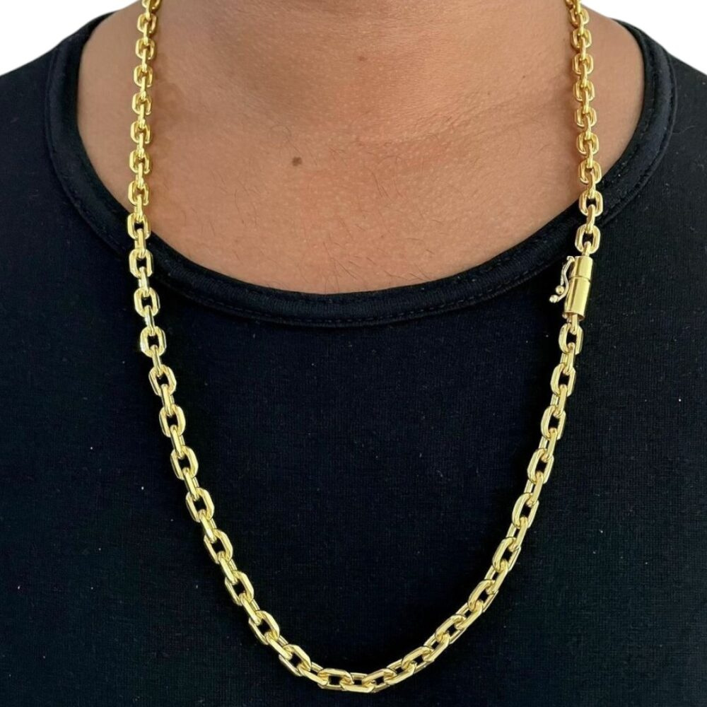 Corrente Cadeado 7Mm Fecho Canhão Luxo Banhado A Ouro 18K - Imagem 2