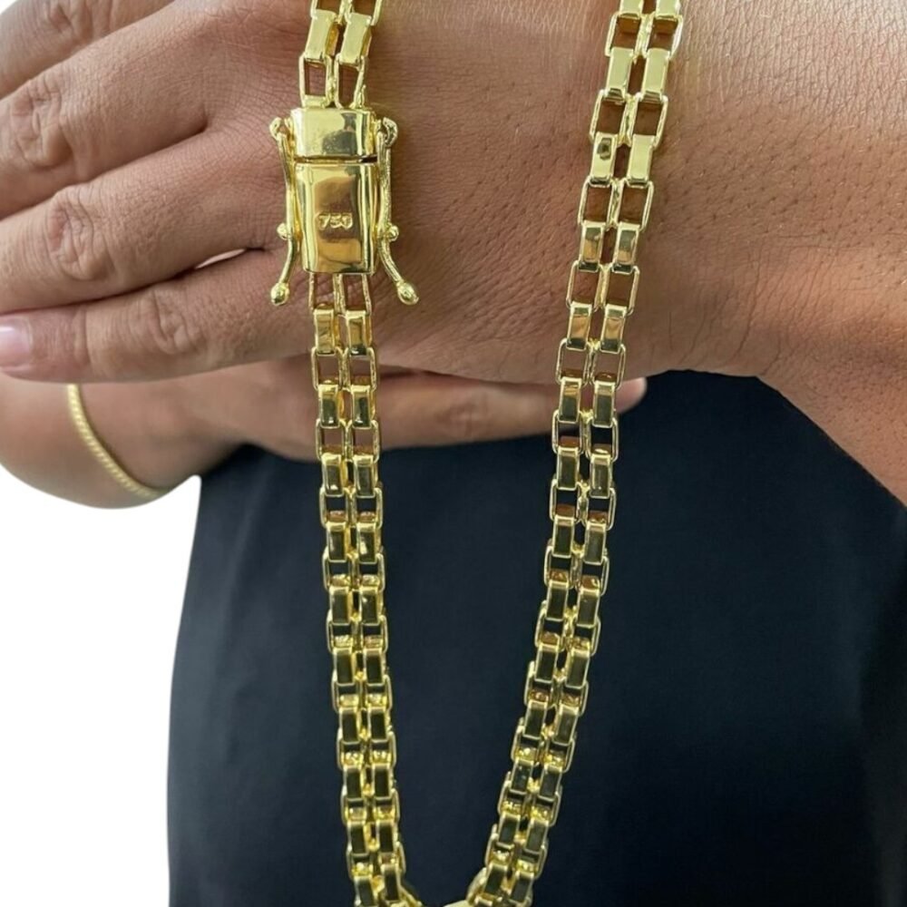 Corrente Tijolinho Duplo 12Mm Fecho 750 Banhado A Ouro 18K - Imagem 2