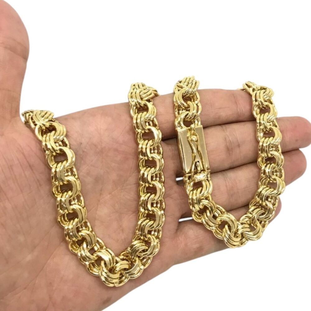 Corrente Friso Triplo 12Mm Luxo Banhado A Ouro 18K