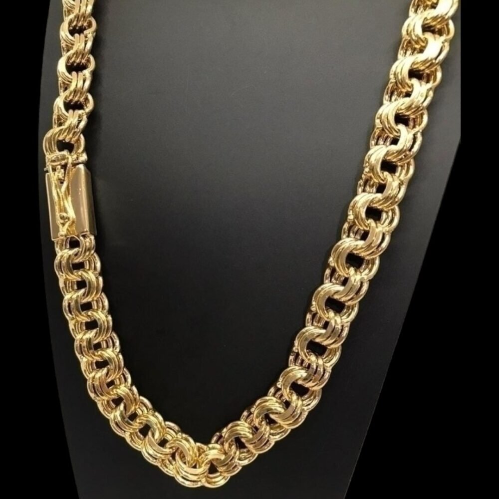 Corrente Friso Triplo 12Mm Luxo Banhado A Ouro 18K - Imagem 3