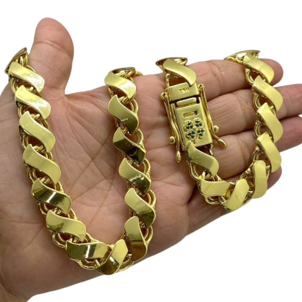 Corrente Friso S 13Mm Fecho Trevo Cravejado Ouro 18K