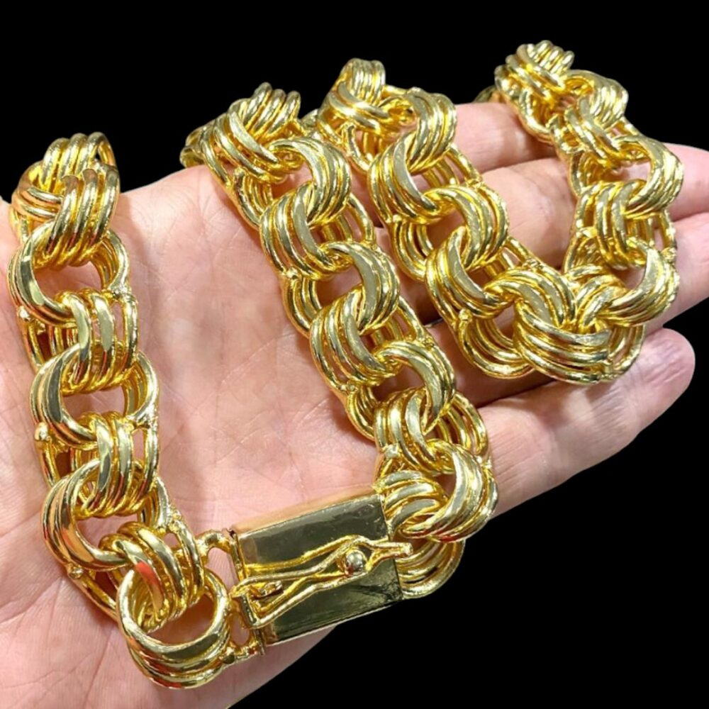 Corrente 20Mm Friso Triplo Banhado A Ouro 18K - Imagem 3