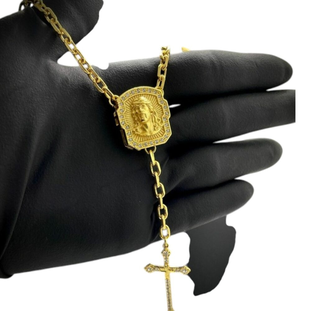 Terço Jesus Cristo Corrente 5Mm Cadeado + Pingente Cruz Cravejado Banhado A Ouro 18K