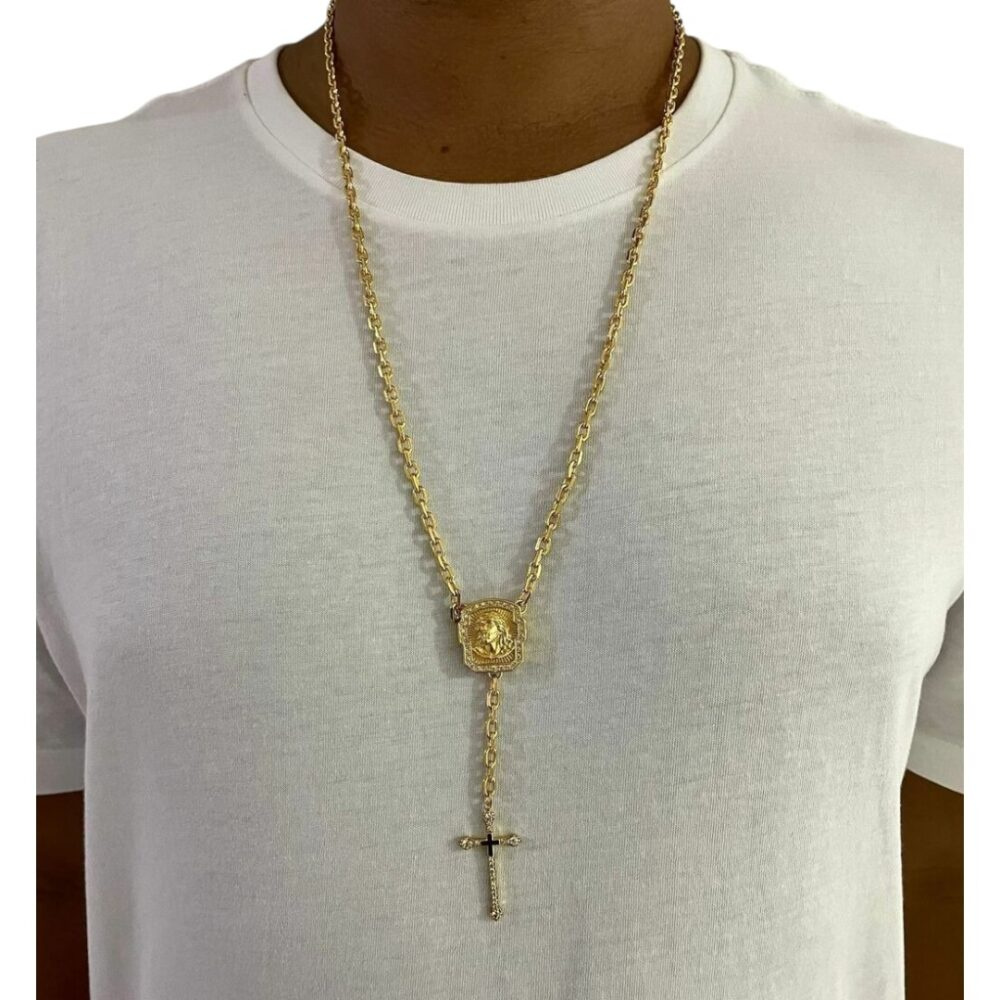 Terço Jesus Cristo Corrente 5Mm Cadeado + Pingente Cruz Cravejado Banhado A Ouro 18K - Imagem 2