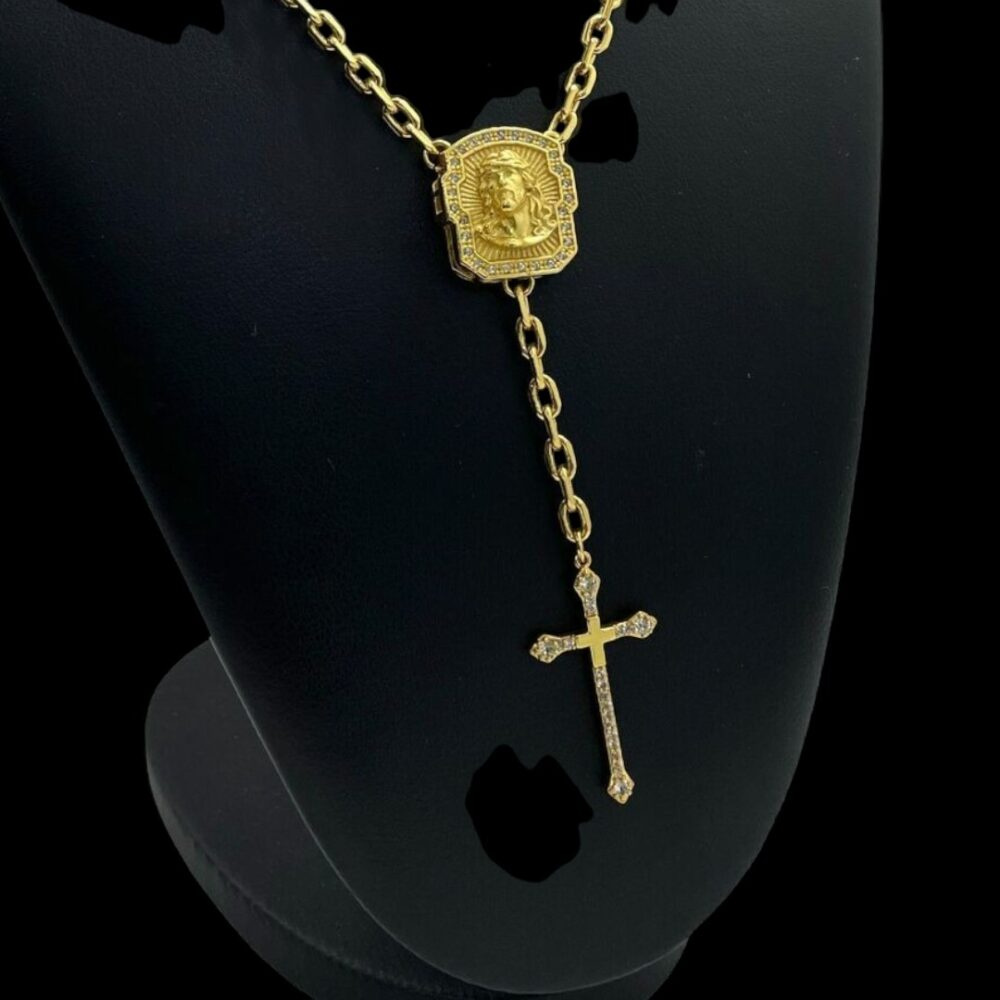 Terço Jesus Cristo Corrente 5Mm Cadeado + Pingente Cruz Cravejado Banhado A Ouro 18K - Imagem 3