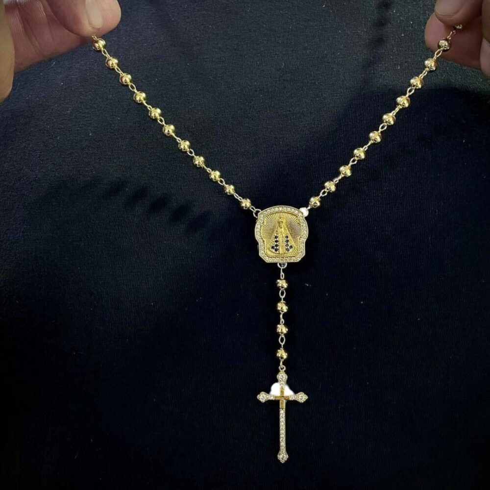 Terço Nossa Senhora Corrente 5Mm Cadeado + Pingente Cruz Cravejado Banhado A Ouro 18K - Imagem 2