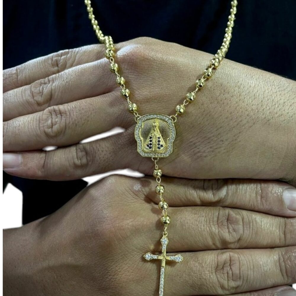 Terço Nossa Senhora Corrente 5Mm Cadeado + Pingente Cruz Cravejado Banhado A Ouro 18K - Imagem 3