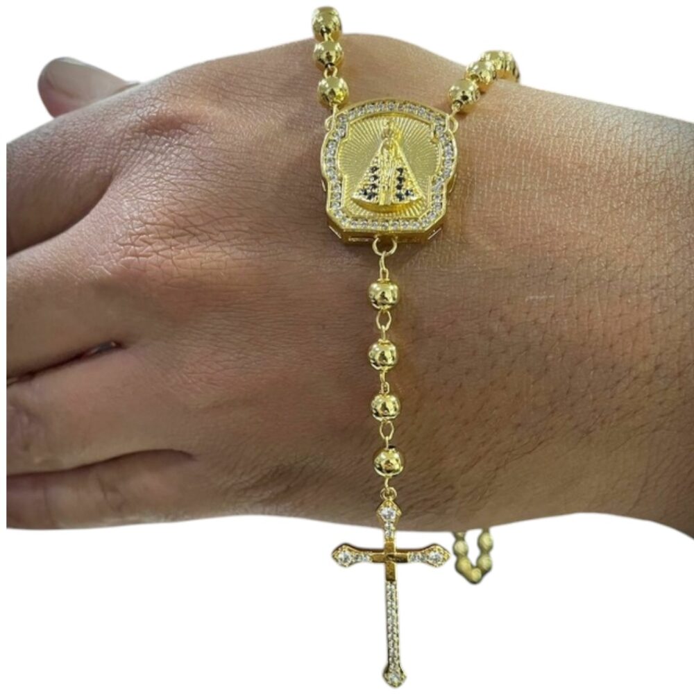 Terço Nossa Senhora Corrente 5Mm Cadeado + Pingente Cruz Cravejado Banhado A Ouro 18K