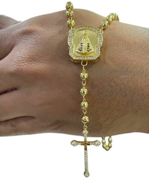 Terço Nossa Senhora Corrente 5mm Cadeado + Pingente Cruz Cravejado Banhado A Ouro 18K