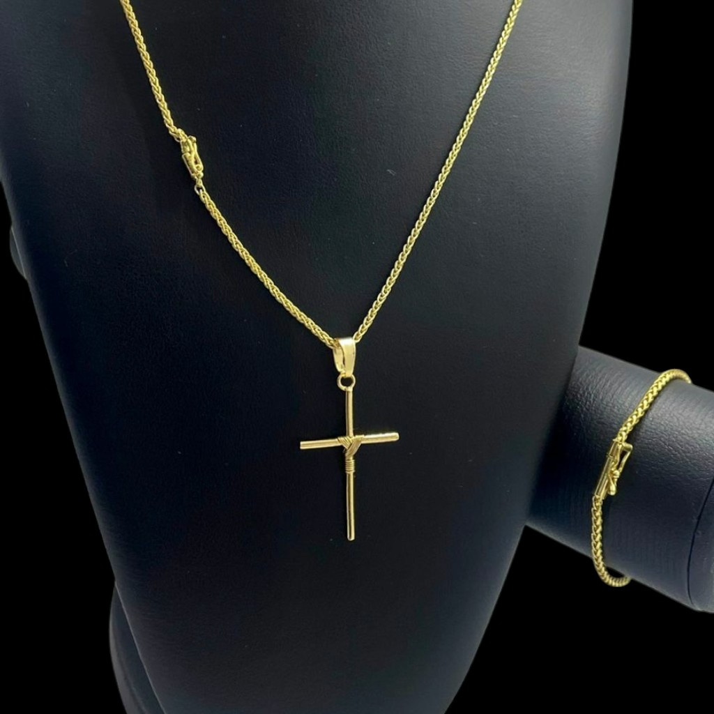 15355126468 Kit Cordao Peruano 3Mm Pulseira Peruana 3Mm Pingente Cruz Amarrada Banhado A Ouro 18K4
