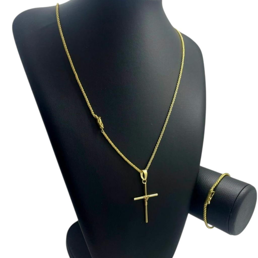 15355126475 Kit Cordao Peruano 3Mm Pulseira Peruana 3Mm Pingente Cruz Amarrada Banhado A Ouro 18K