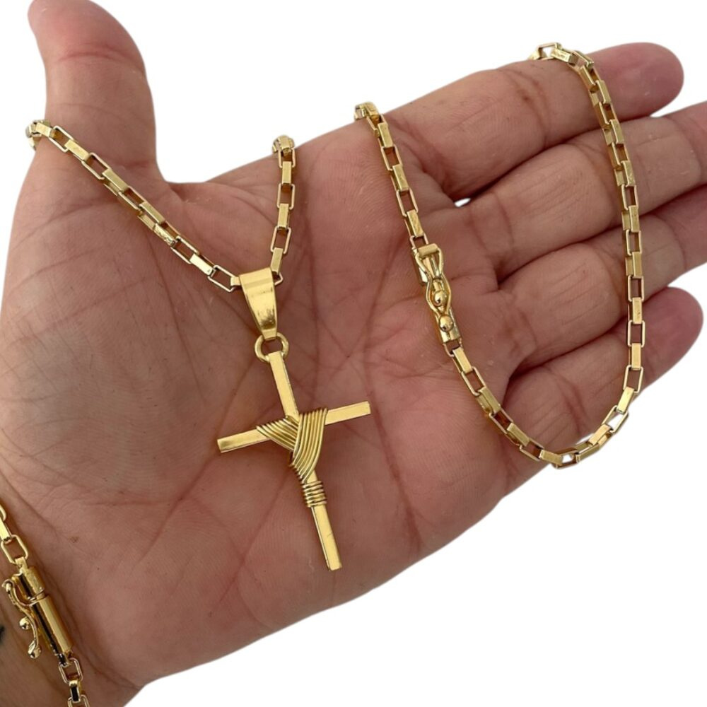 Kit Tijolinho 4Mm + Cruz Amarrada Banhado A Ouro - Imagem 2
