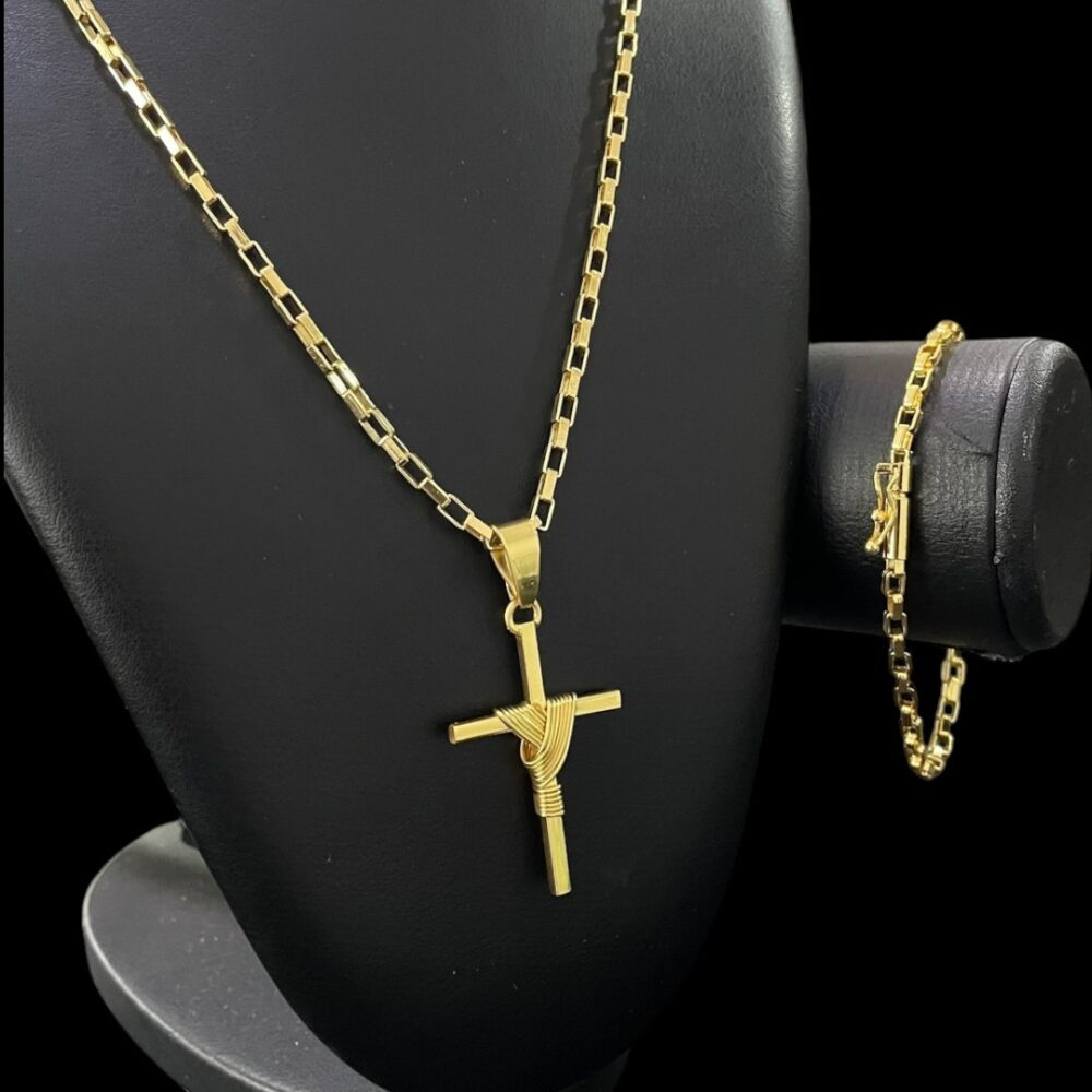 Kit Tijolinho 4Mm + Cruz Amarrada Banhado A Ouro - Imagem 3