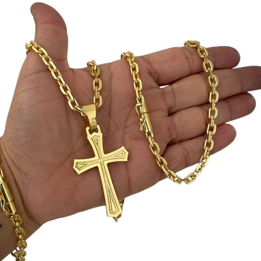 15355142012 Kit Corrente 5Mm Cadeado Pulseira 5Mm Pingente Cruz Templaria Banhado A Ouro 18K