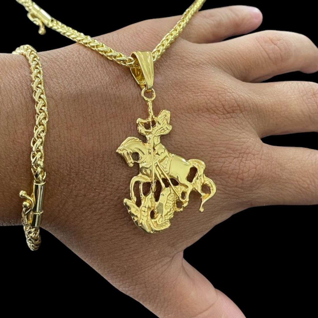15355143219 Kit Cordao E Pulseira Feminino 5Mm Peruano Fecho Canhao Pingente Sao Jorge Banhado A Ouro 1