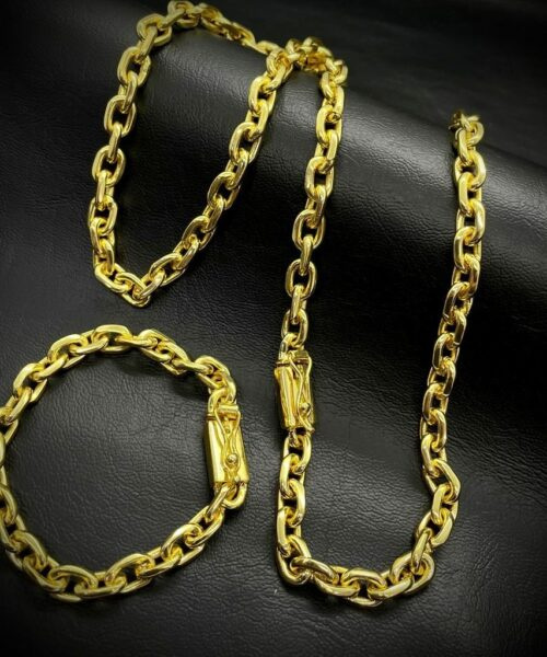 Kit Cadeado 8mm Corrente + Pulseira Banhado a Ouro 18K