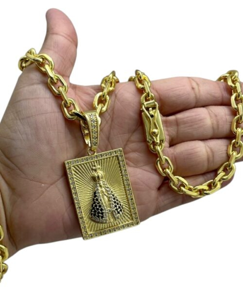 Kit Cadeado 8mm + Pingente Nossa Senhora Banhado a Ouro