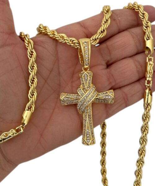 Kit Baiano 8mm + Cruz Cravejada Banhado a Ouro 18K Luxo