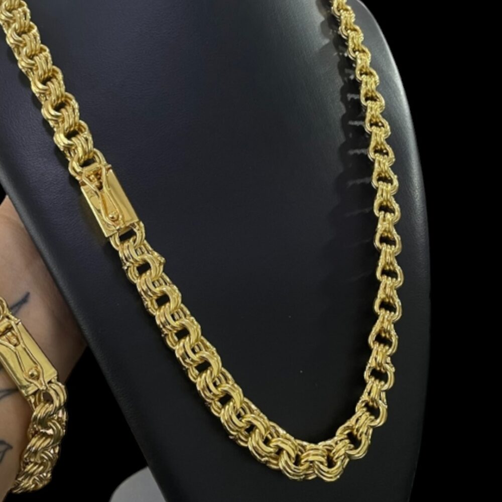 Kit Friso Triplo 12Mm Corrente + Pulseira Banhado A Ouro - Imagem 2