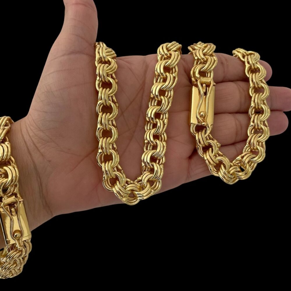 Kit Friso Triplo 12Mm Corrente + Pulseira Banhado A Ouro - Imagem 4