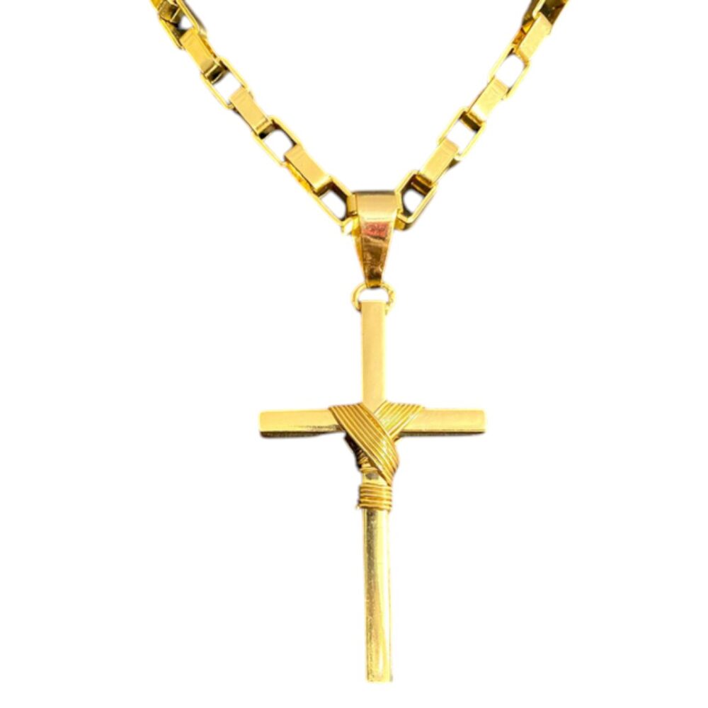 Kit Tijolinho 10Mm + Cruz Amarrada Banhado A Ouro 18K - Imagem 4