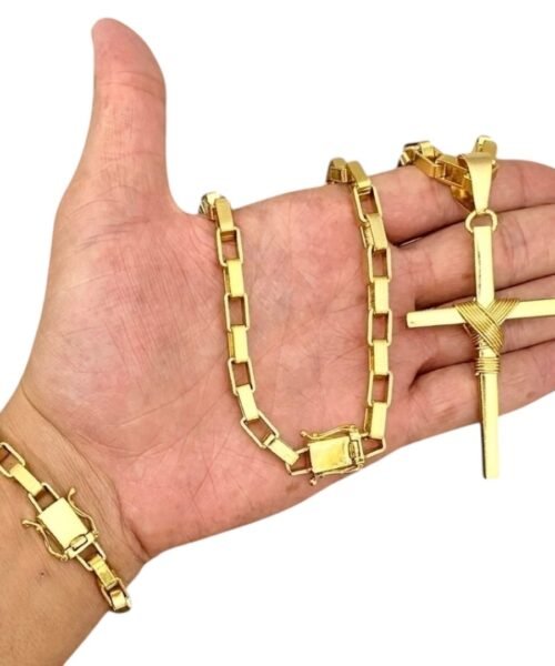 Kit Tijolinho 10mm + Cruz Amarrada Banhado a Ouro 18K