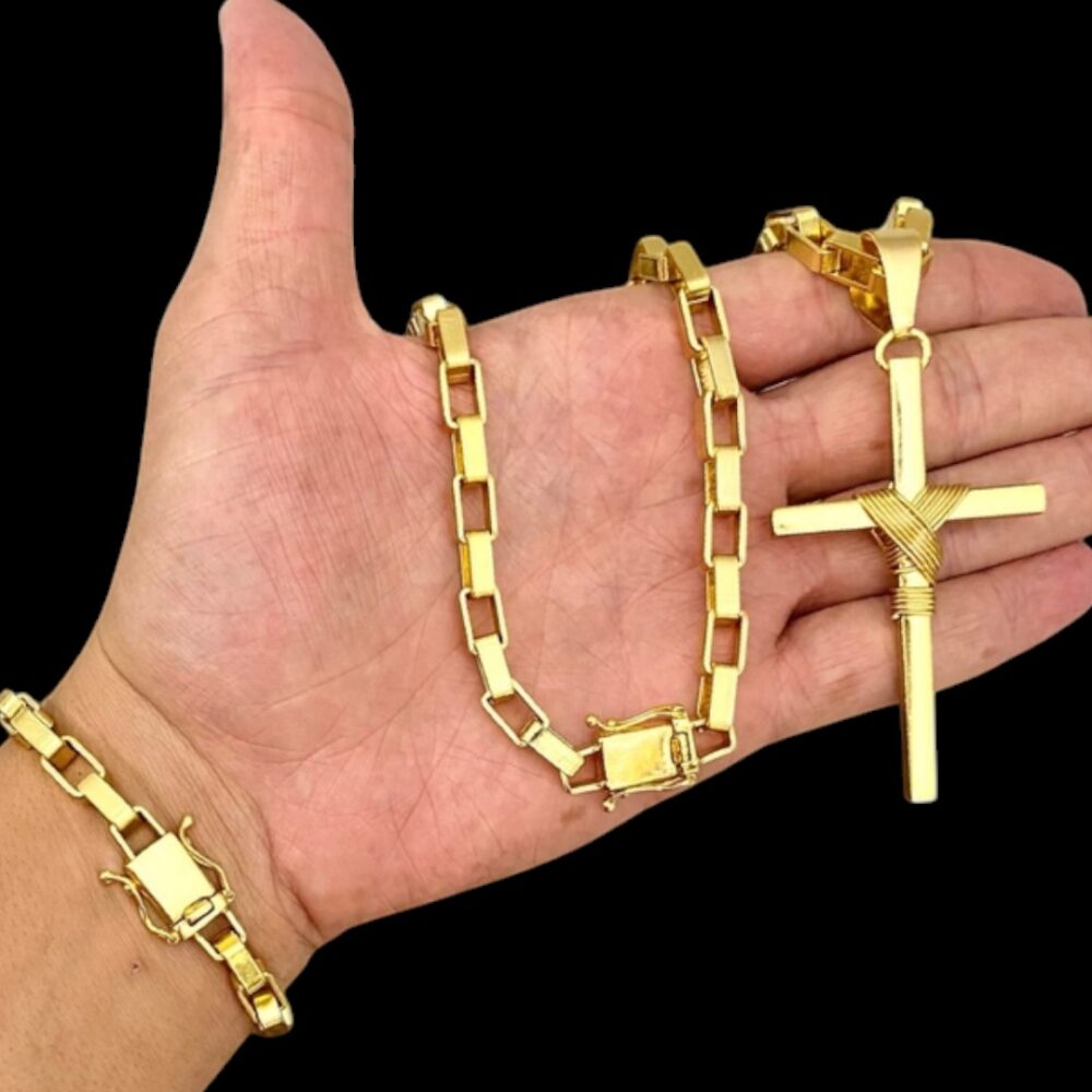 Kit Tijolinho 10Mm + Cruz Amarrada Banhado A Ouro 18K - Imagem 3