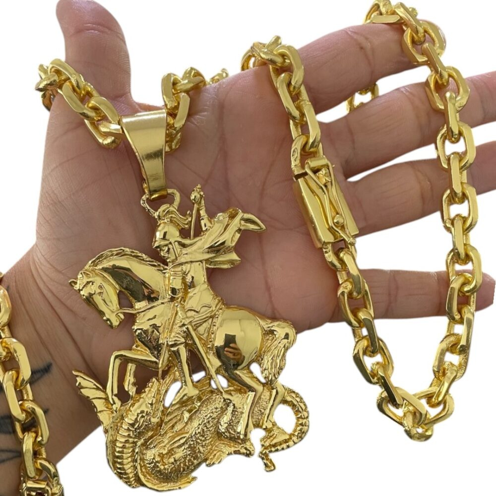 Kit Cadeado 12Mm + Pingente São Jorge Cravejado Banhado Ouro - Imagem 3